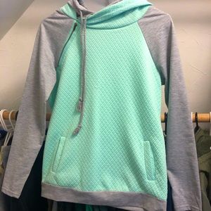 Asymmetrical teal/grey hoodie- size S